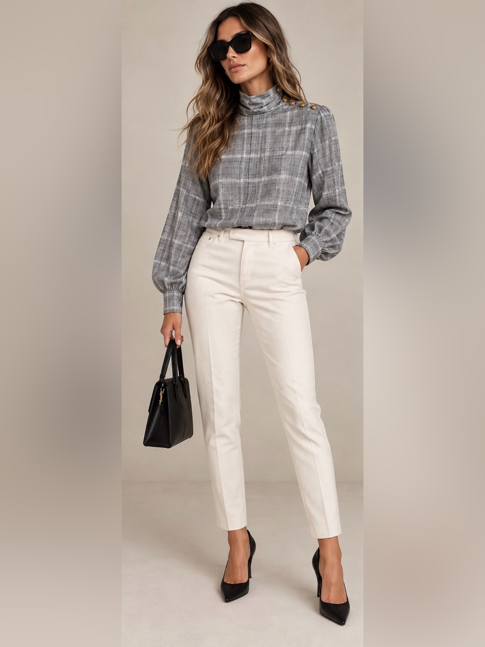 ZARA Gray Plaid Mandarin Collar Blouse Gold Buttons Size S NWT
